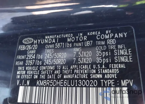 2020 Hyundai Palisade Limited z USA, uszkodzony, nr VIN KM8R5DHE6LU130020